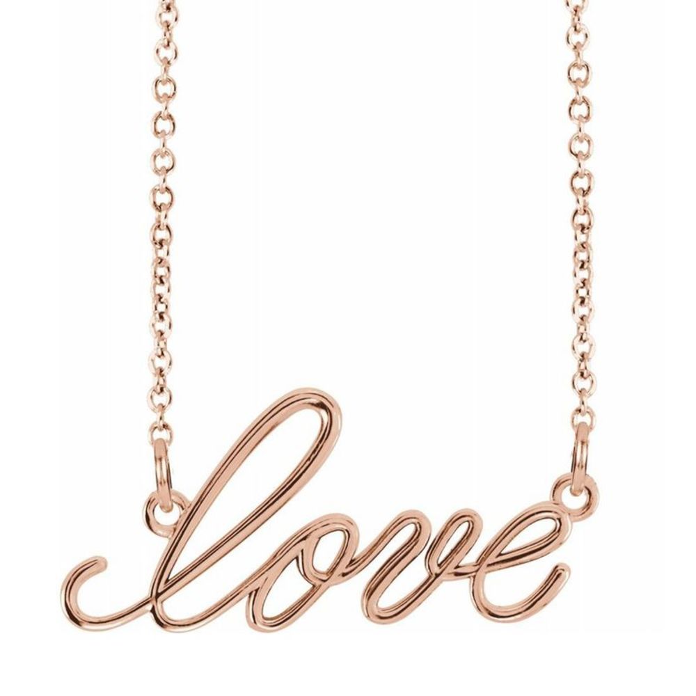 14K Rose Gold Small Love Script Necklace, 16 Inch